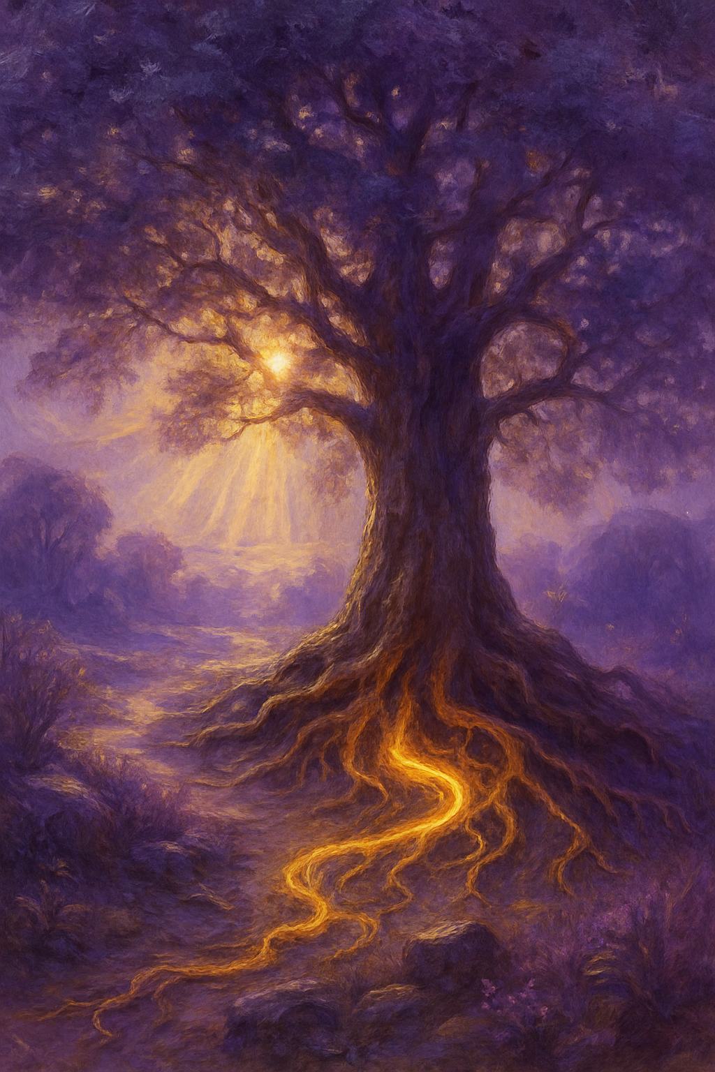 Un árbol antiguo con raíces visibles y luminosas que simbolizan los Órdenes del Amor y las conexiones sistémicas.