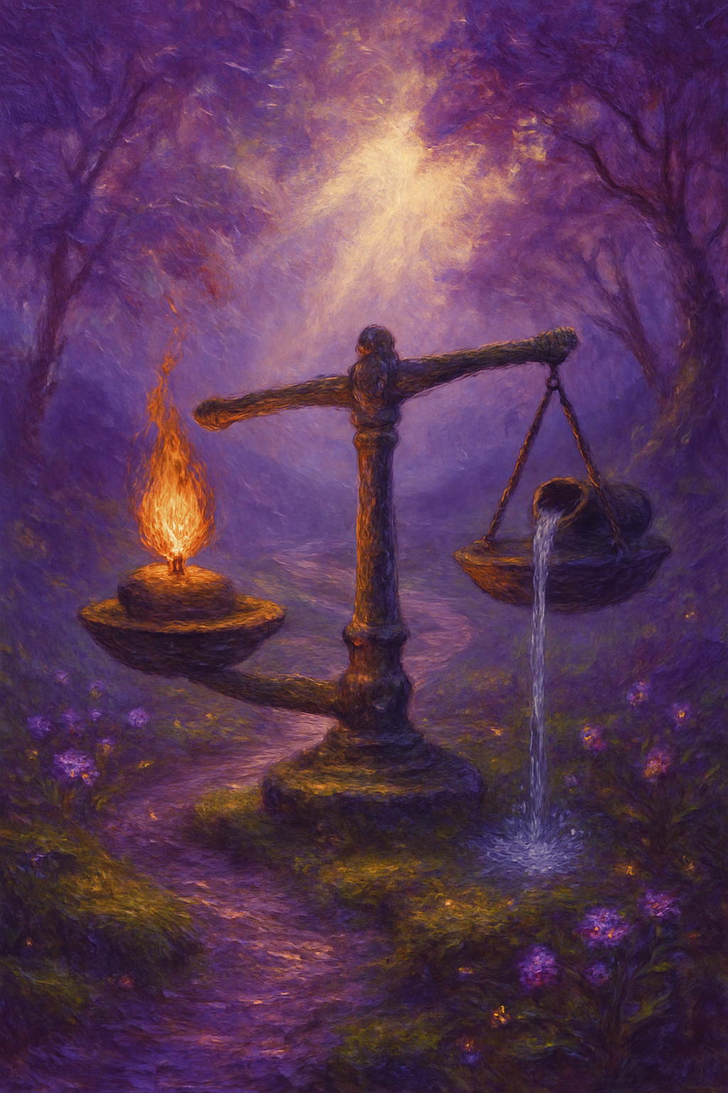 Balanza de piedra en equilibrio con fuego y agua, simbolizando el dar y recibir en la pareja.