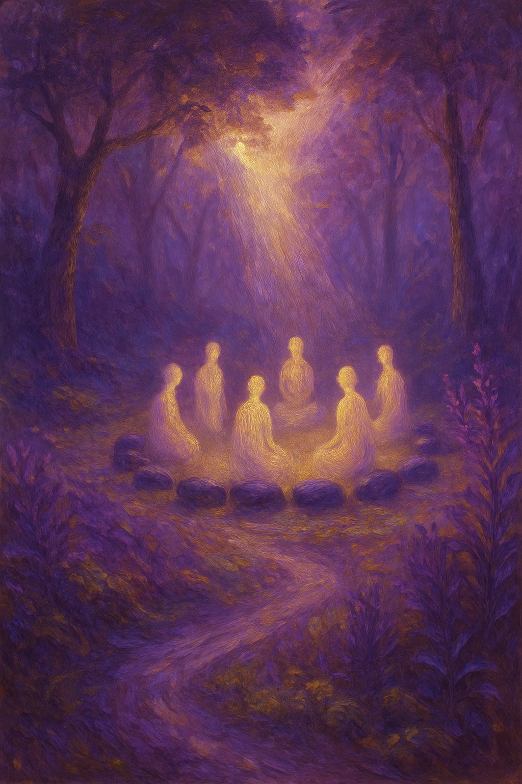 Círculo de piedras con figuras de luz representando una sesión de constelaciones familiares.