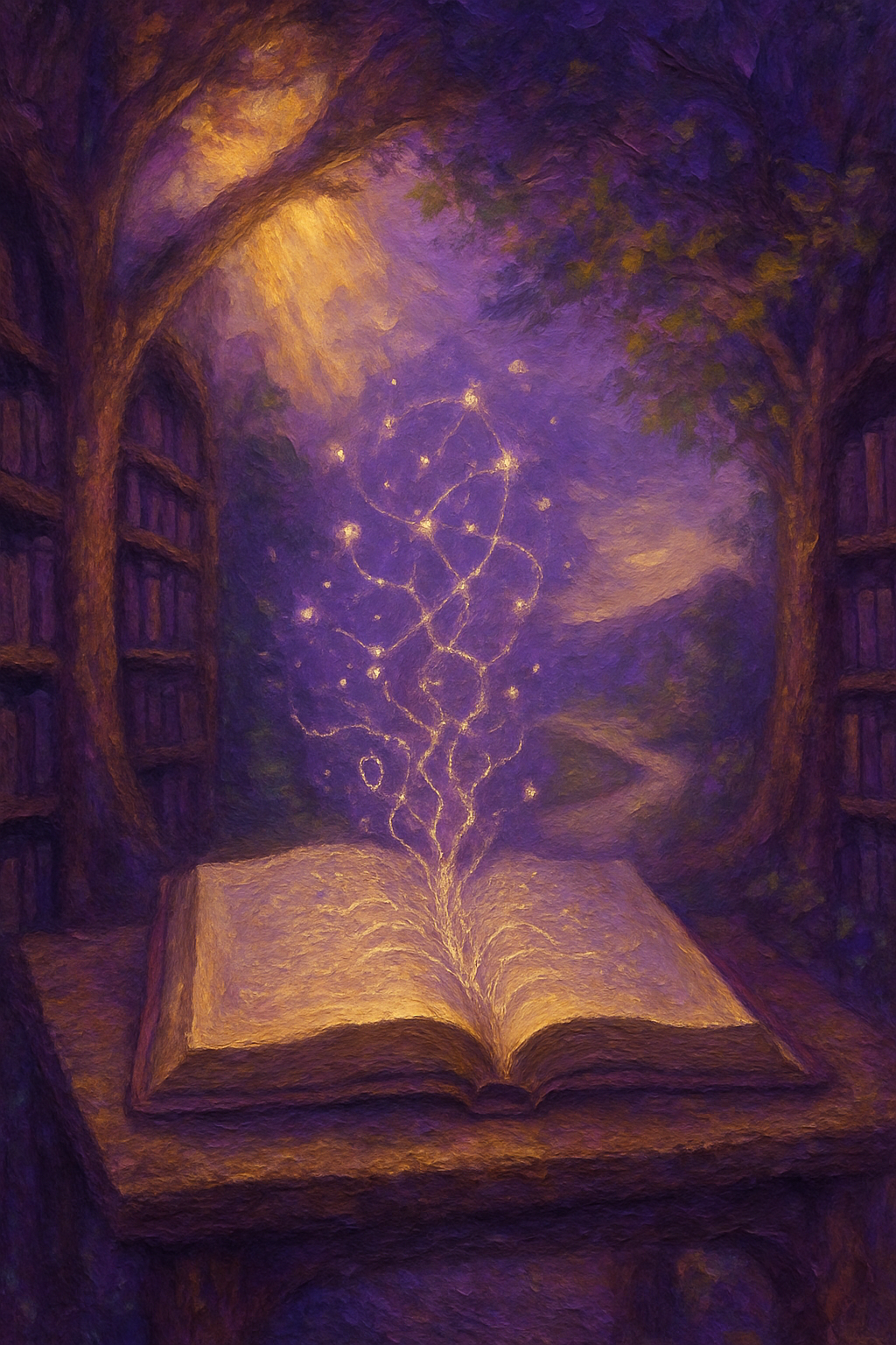 Libro abierto del que emergen raíces de luz y constelaciones, simbolizando el descubrimiento de patrones inconscientes.