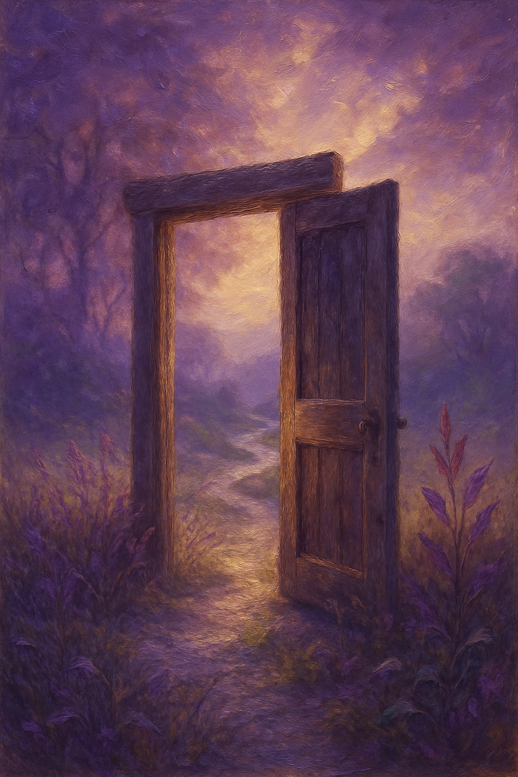 Puerta entreabierta en un campo, simbolizando la posibilidad de un nuevo comienzo y la toma de decisiones conscientes.