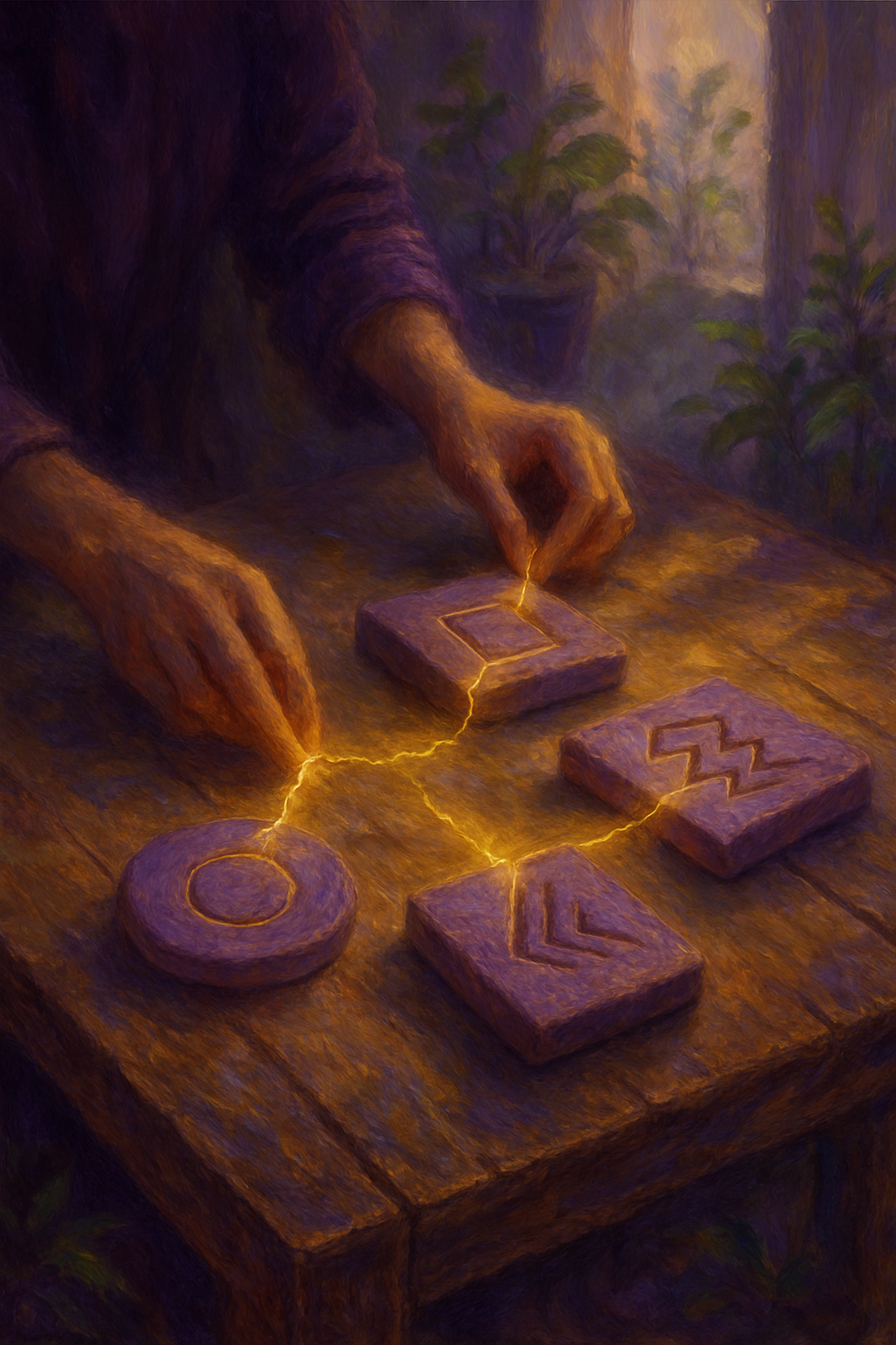 Manos organizando símbolos de genograma sobre una mesa, representando la construcción de la historia familiar.