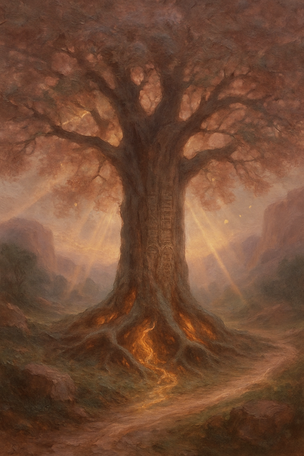 Árbol antiguo simbolizando los orígenes históricos y filosóficos de los Registros Akáshicos.