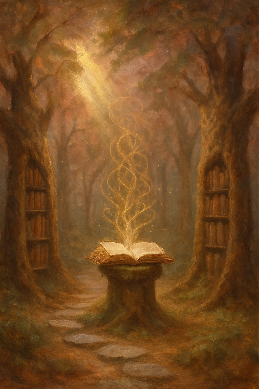 Representación simbólica de los Registros Akáshicos como una biblioteca de árboles vivos.