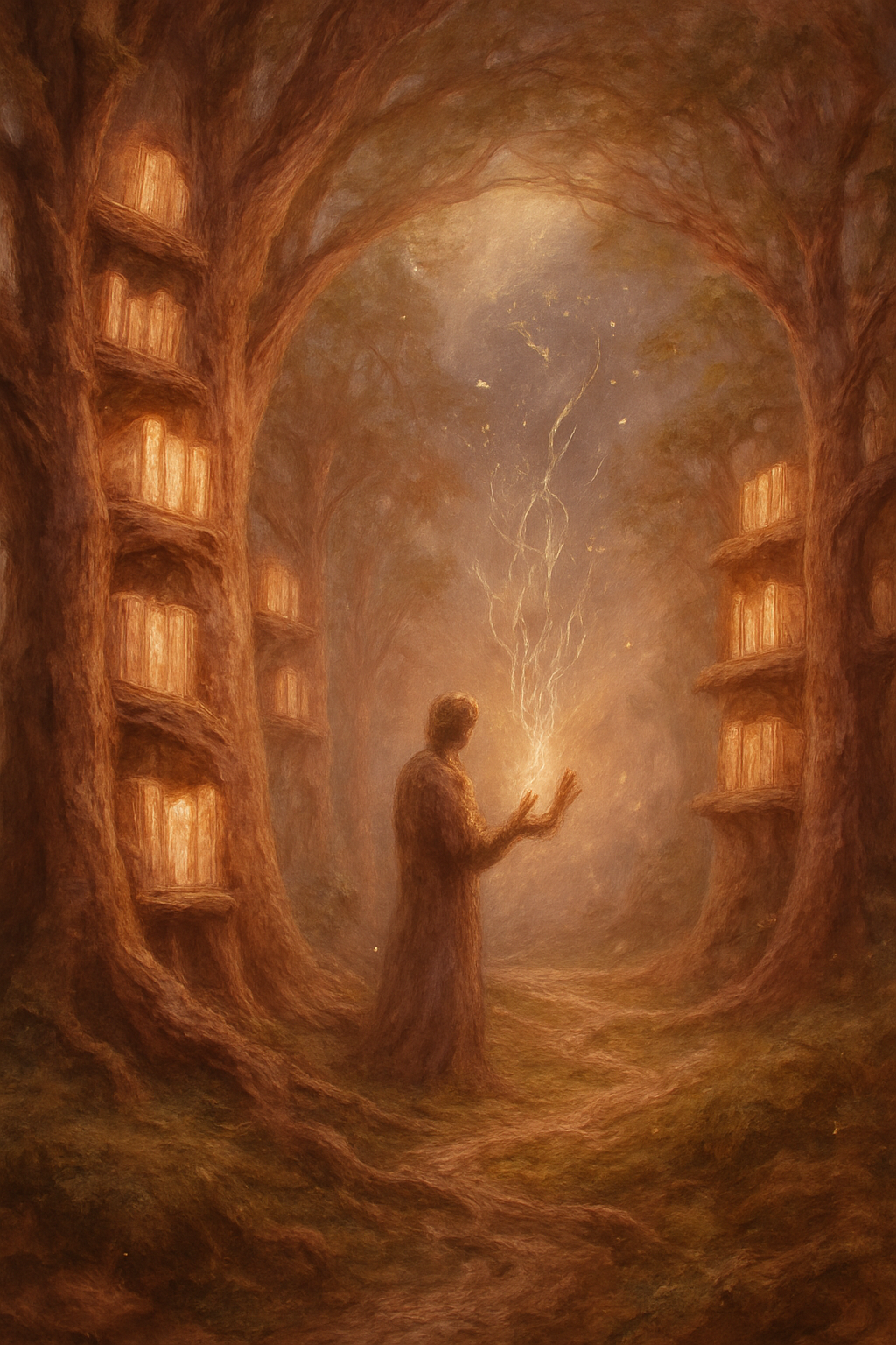 Representación conceptual de los Registros Akáshicos como una biblioteca de luz en la naturaleza.