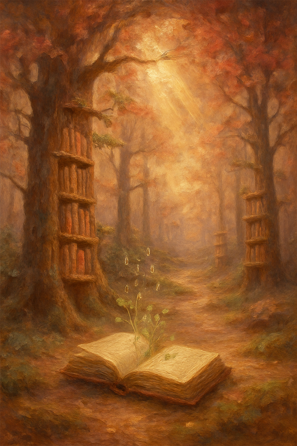 Representación conceptual de los Registros Akáshicos como una biblioteca natural.