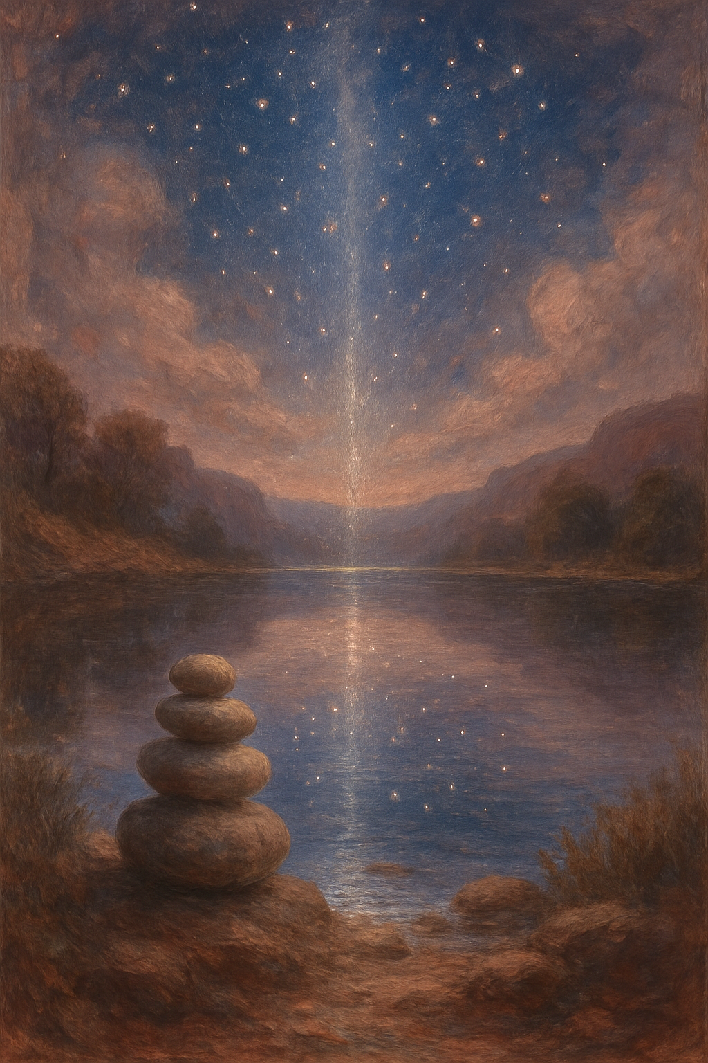 Conexión entre el cosmos y la tierra a través de un pilar de luz, representando la invocación en la oración.