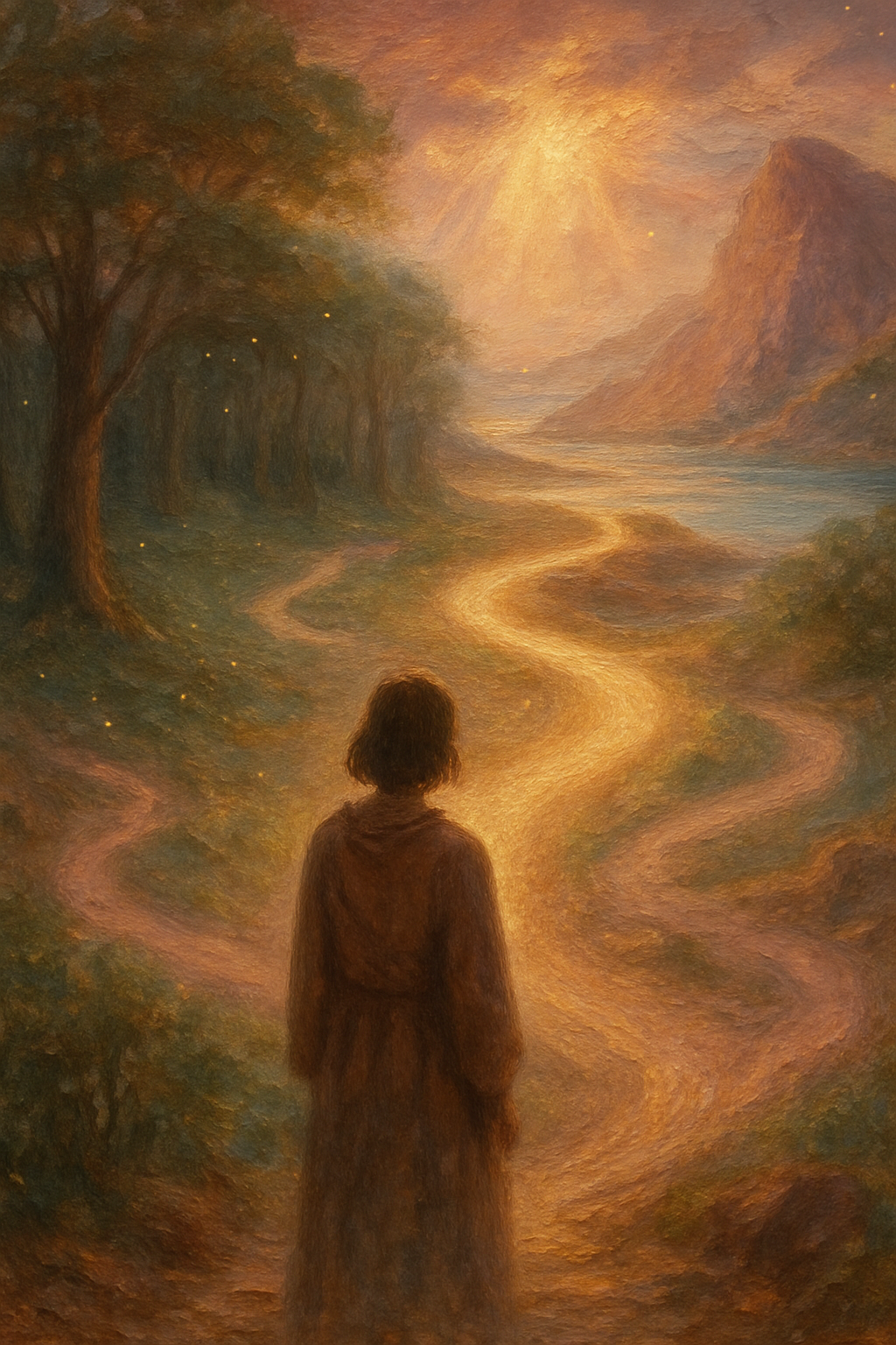 Persona contemplando varios caminos de luz representando la elección del propósito de vida.