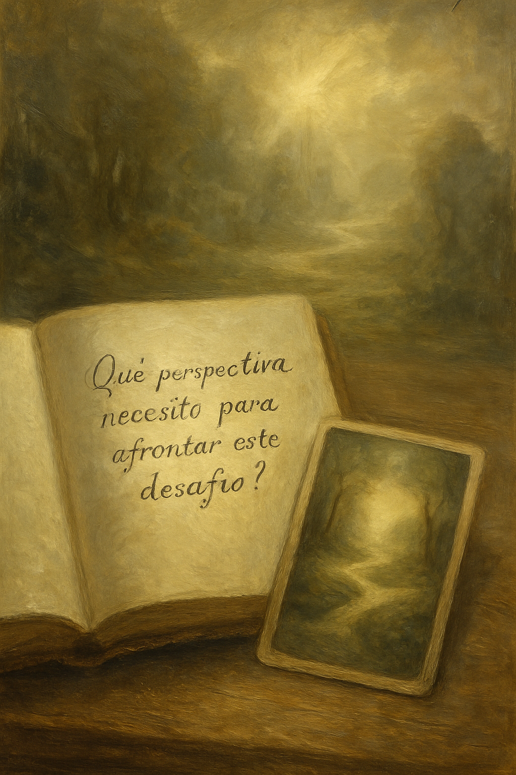 Un diario con una pregunta reflexiva escrita, al lado de una carta de oráculo, simbolizando la preparación para una consulta.