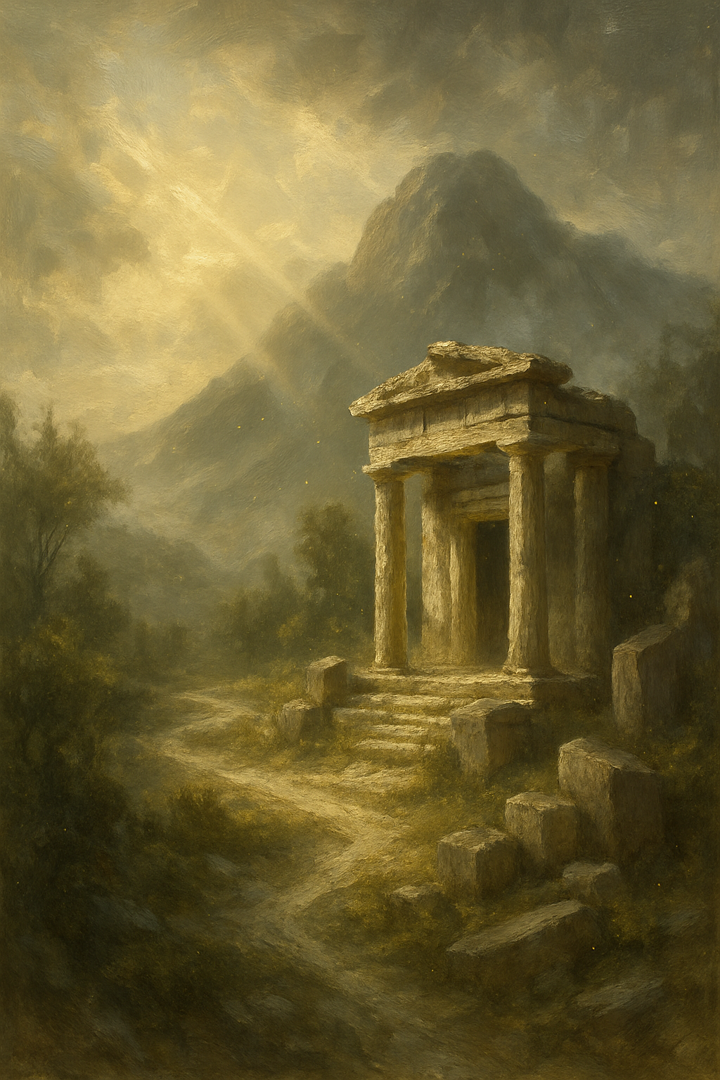 Vista de las ruinas de un antiguo oráculo en una montaña al amanecer, simbolizando la historia y el significado del oráculo.