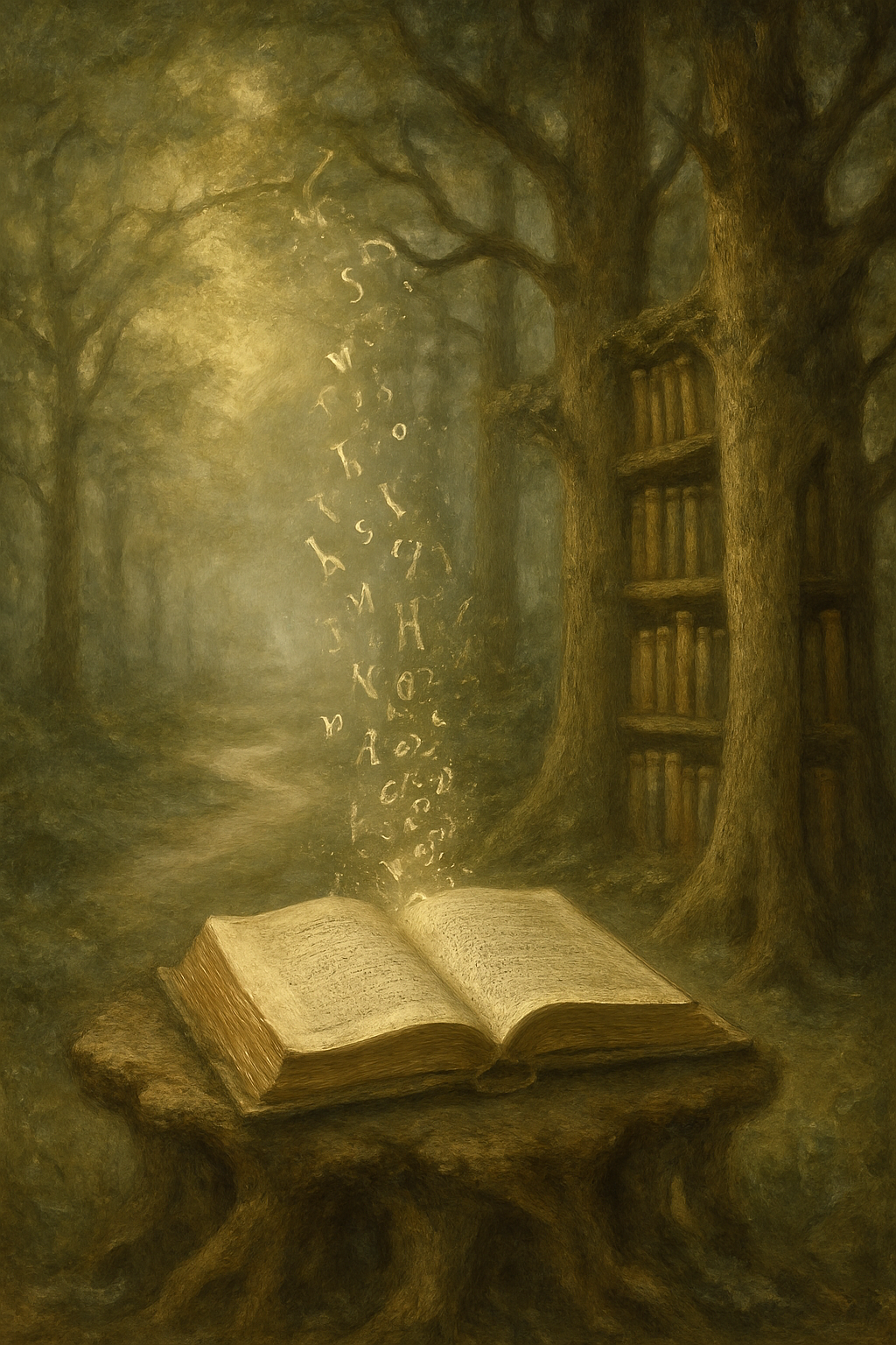 Un libro antiguo en una biblioteca natural, simbolizando el origen histórico del oráculo.