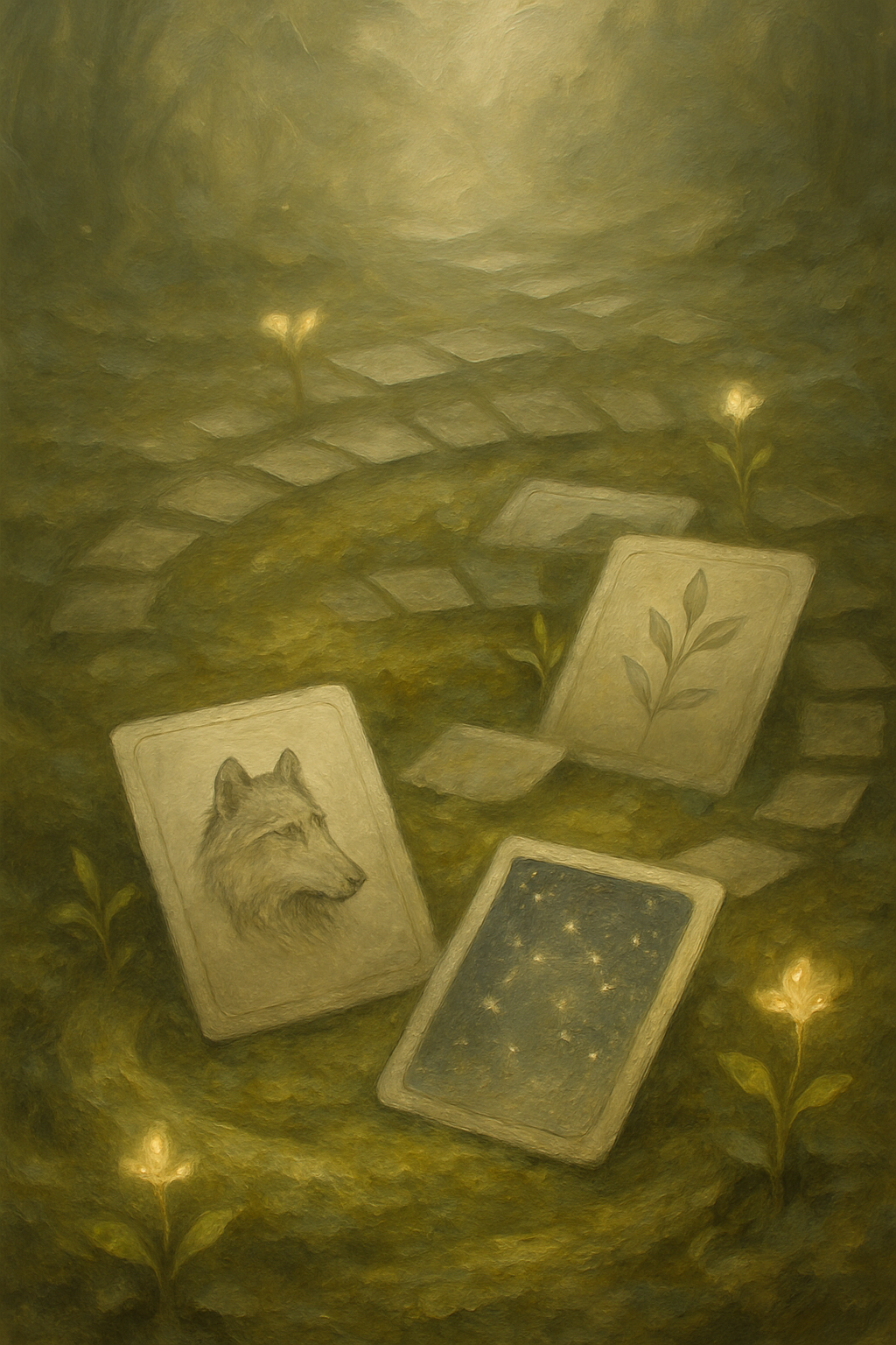 Variedad de cartas oráculo con diferentes estilos artísticos dispuestas sobre musgo.