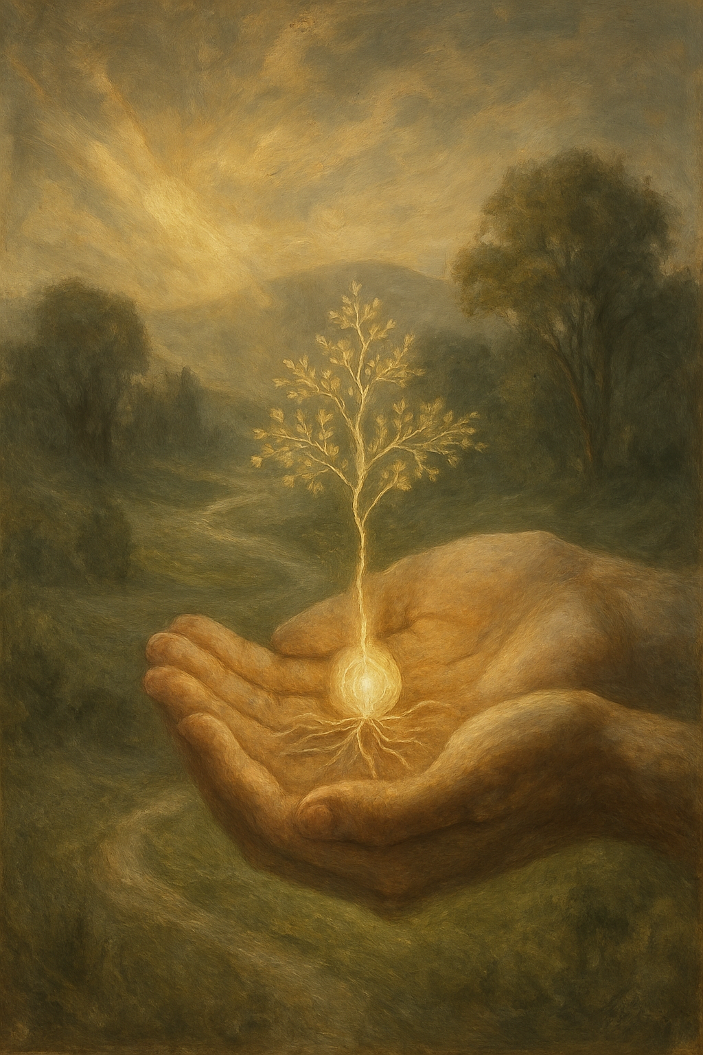Manos sosteniendo una semilla de la que crece un árbol de luz, simbolizando el uso ético y empoderador.