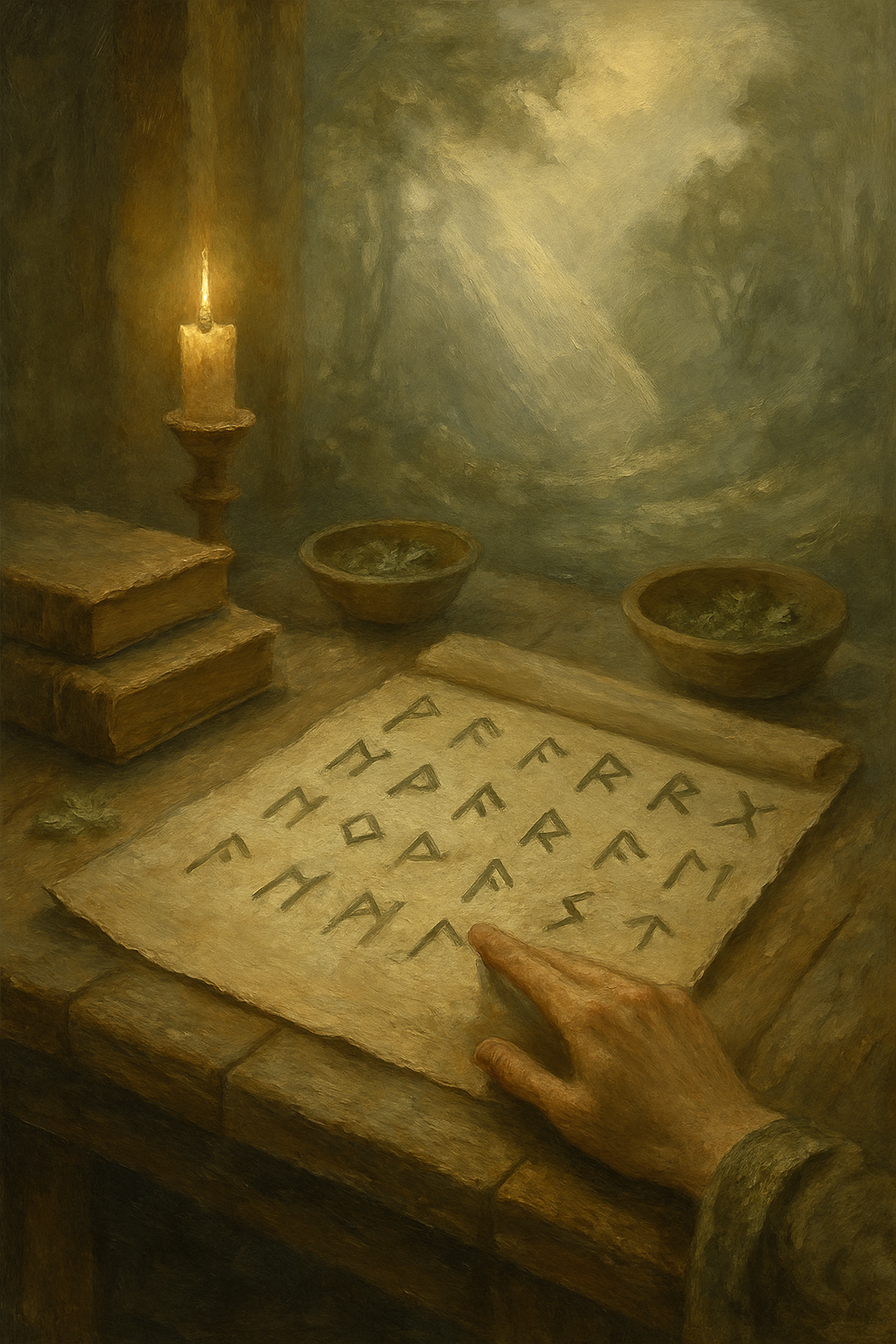 El alfabeto rúnico Futhark Antiguo sobre un pergamino.
