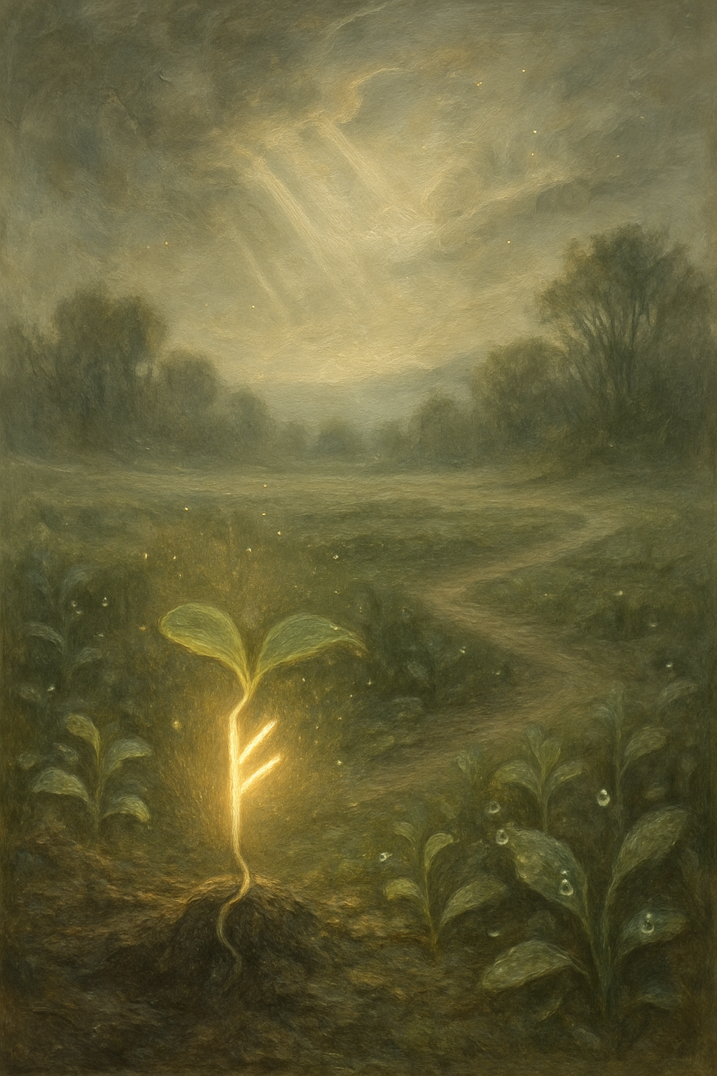 Símbolo de la runa Fehu sobre un campo fértil al amanecer.