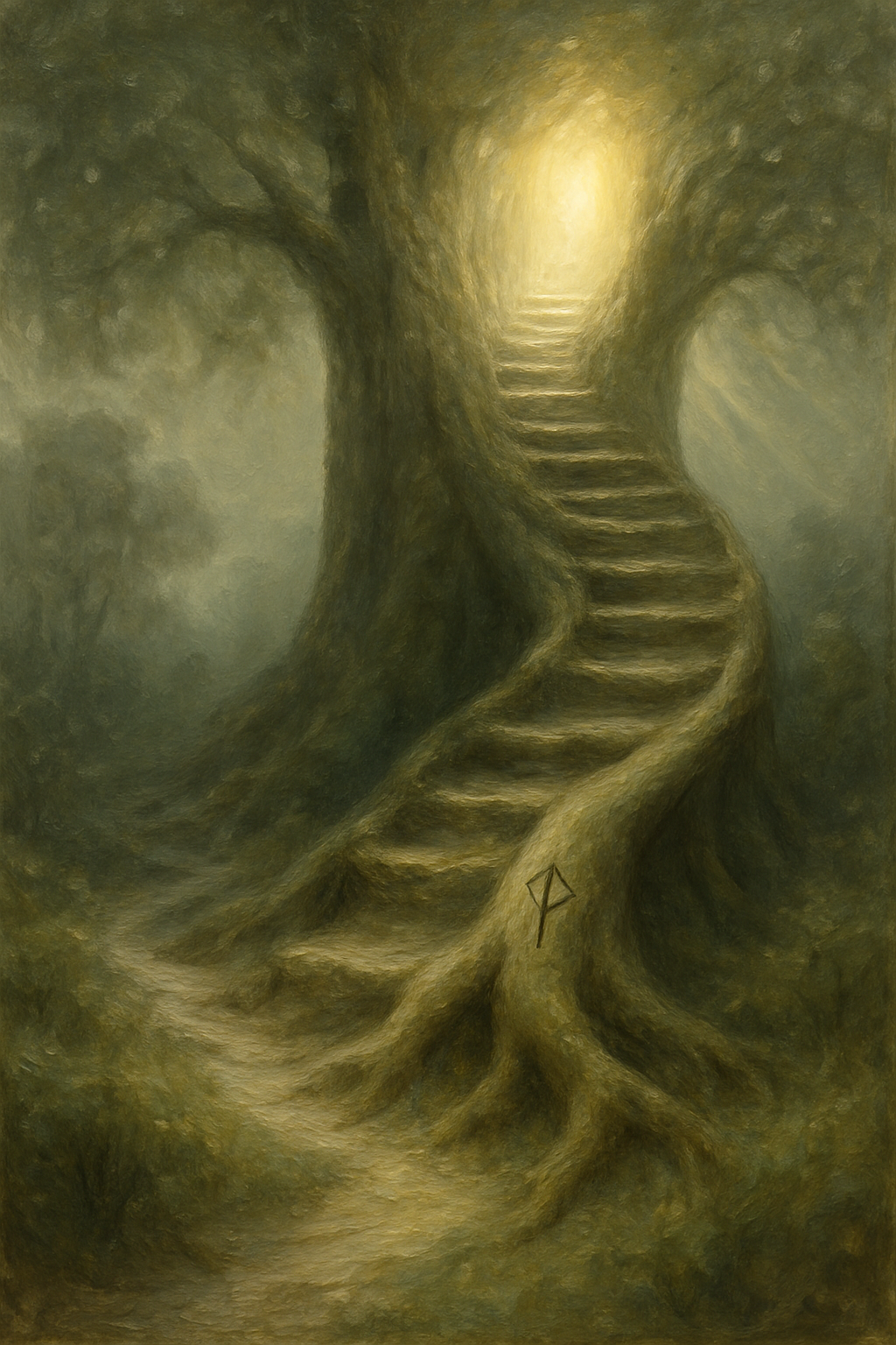 Símbolo de la runa Tiwaz en una escalera de raíces de árbol.