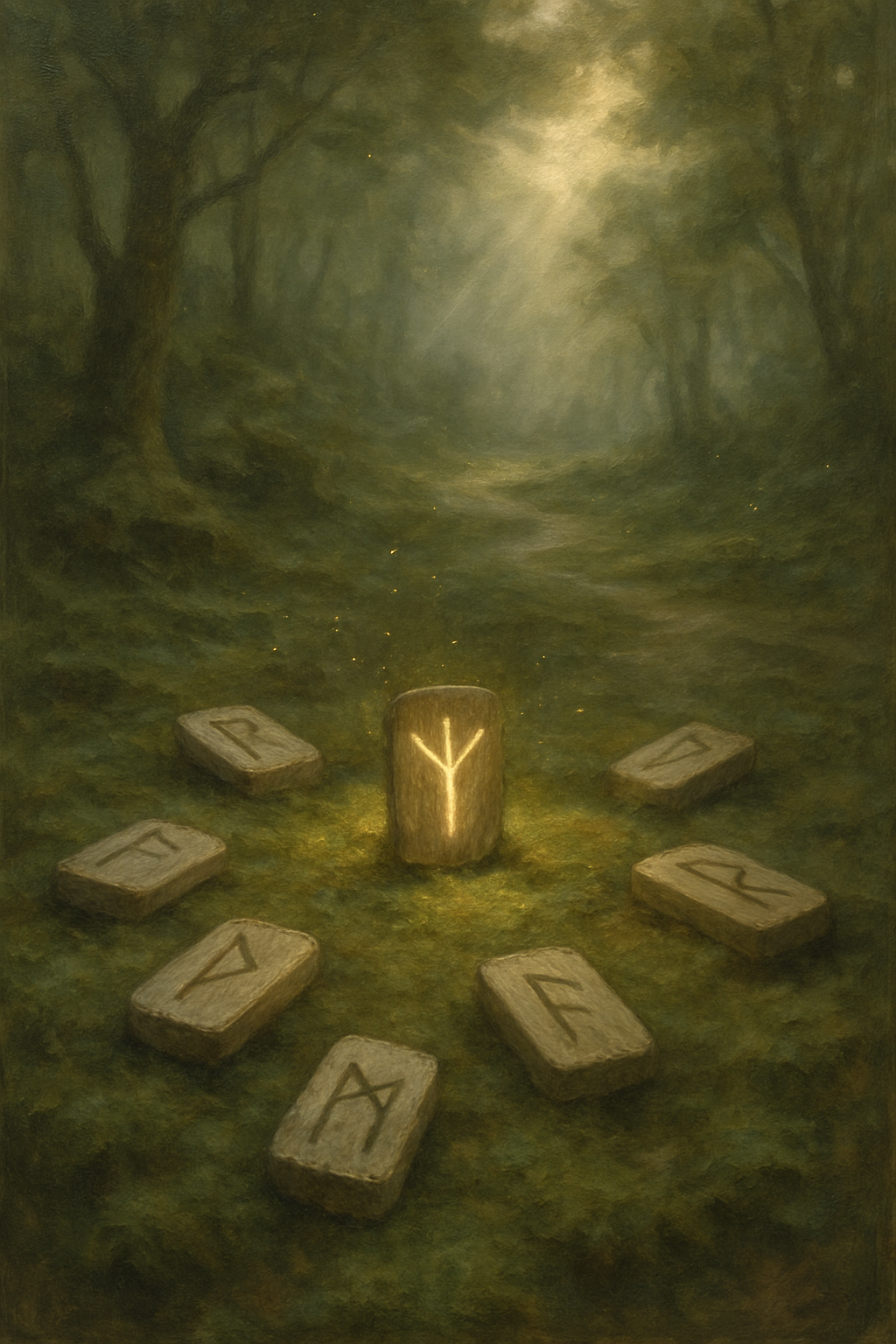 Juego de runas vikingas de madera sobre musgo en un bosque.