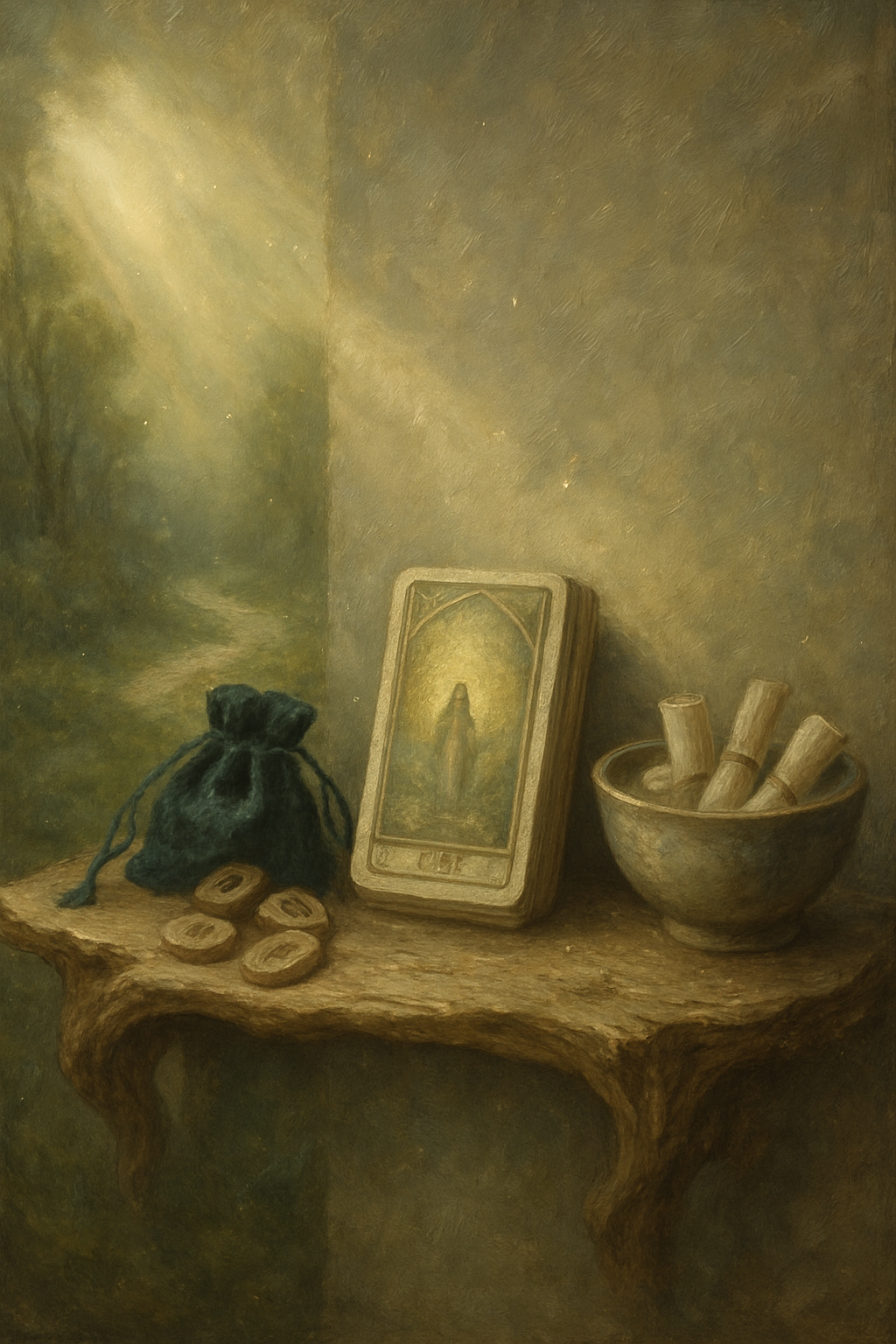 Diferentes herramientas para un oráculo diario: tarot, runas y frases, sobre una balda de madera.