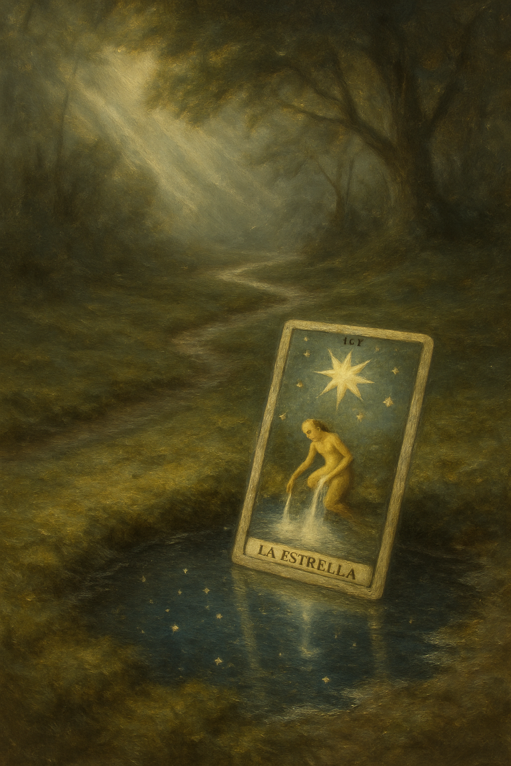 Una carta del tarot de La Estrella sobre un reflejo de estrellas, simbolizando la interpretación de un mensaje.
