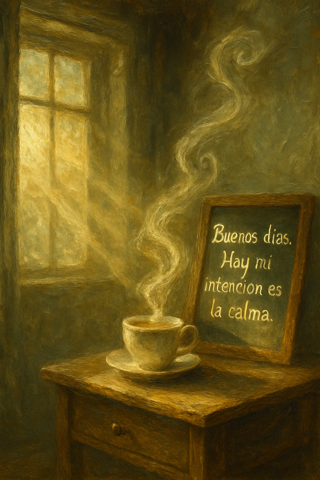 Una pizarra con una frase de buenos días inspiradora junto a una taza de té, representando la intención diaria.